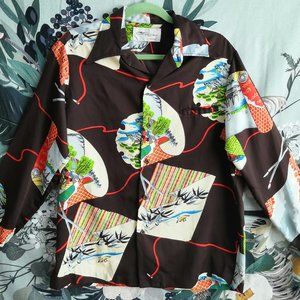 VTG Tori Richard Polyester Brown Hawaiian Long Sleeve Asian Art Scroll Print L